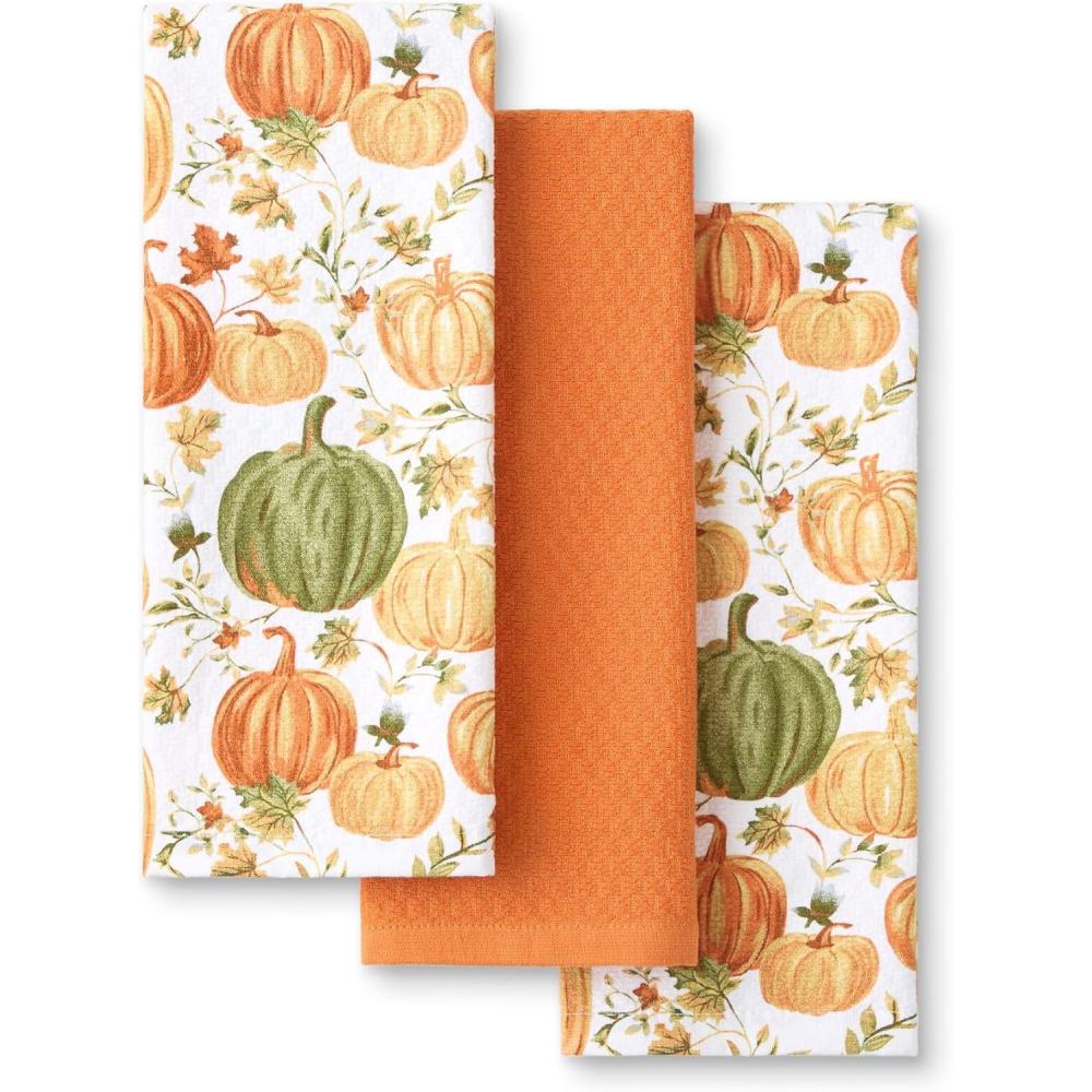 imageMartha Stewart Autumn Harvest Pumpkins Kitchen Towel 3Pack Set 100 Cotton with Absorbent Terrycloth Decorative Kitchen Towels OrangeGreenIvory 16quotx28quotOrangeGreenIvory