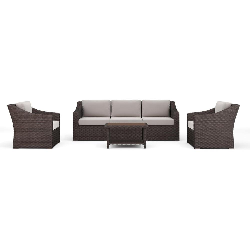 imageMartha Stewart Bedford 4Piece IndoorOutdoor Conversation Set with Sofa 2 Accent Chairs and Coffee Table in Brown Rattan Wicker with Tan AllWeather Cushions
