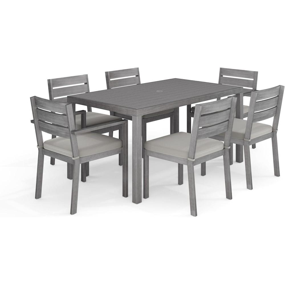 imageMartha Stewart Bedford 7 Piece Aluminum Patio Set with 62quot Table and 6 Stackable Chairs with Gray Brushed Woodgrain Finish Gray AllWeather Seat CushionsGrey