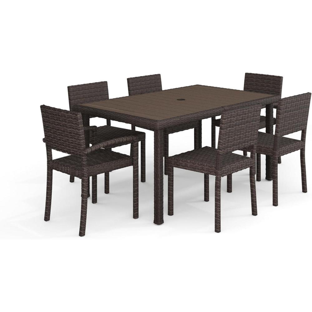 imageMartha Stewart Bedford 7Piece IndoorOutdoor Dining Set with 6 Stackable Chairs and 62quot Patio Table with Faux Wood Top and Rattan Wicker Finish in BrownBrown