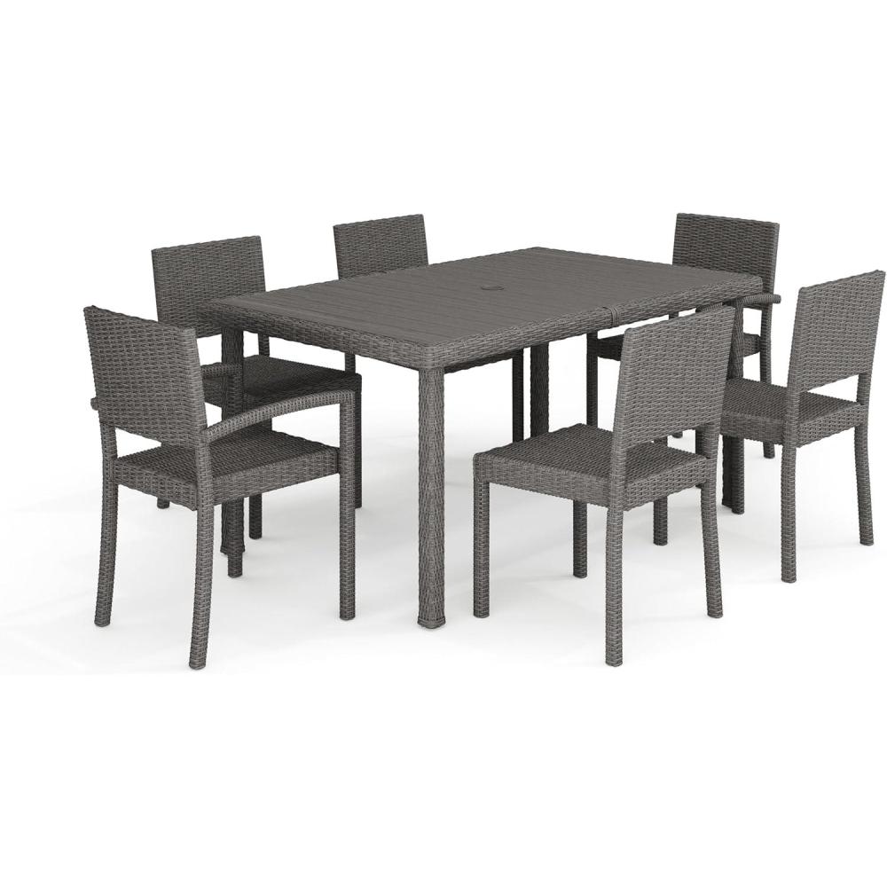 imageMartha Stewart Bedford 7Piece IndoorOutdoor Dining Set with 6 Stackable Chairs and 62quot Patio Table with Faux Wood Top and Rattan Wicker Finish in BrownGrey