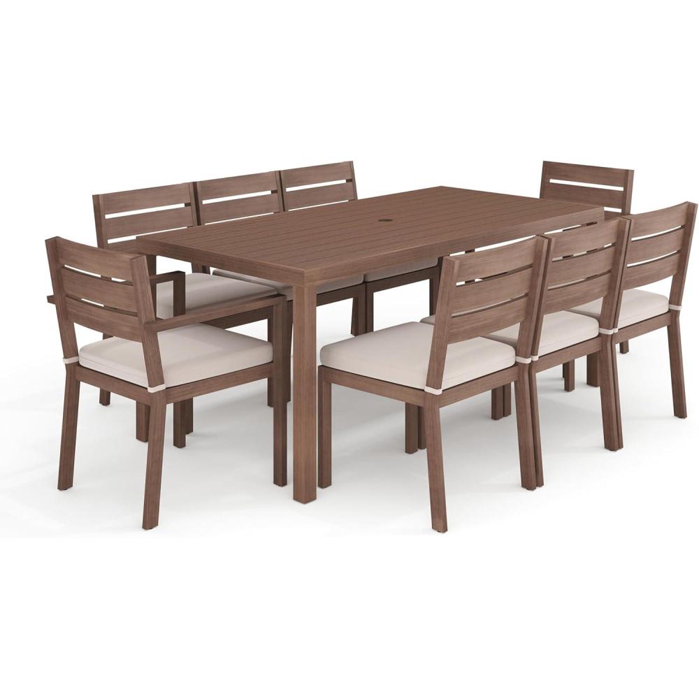 imageMartha Stewart Bedford 9 Piece Patio Set with 71quot Table and 8 Stackable Chairs with Brown Brushed Woodgrain Aluminum Finish Cream AllWeather Seat Cushions