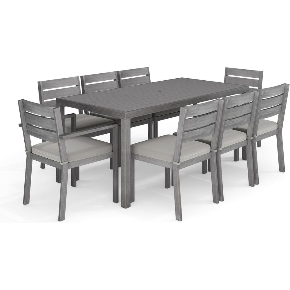 imageMartha Stewart Bedford 9 Piece Patio Set with 71quot Table and 8 Stackable Chairs with Gray Brushed Woodgrain Aluminum Finish Gray AllWeather Seat Cushions