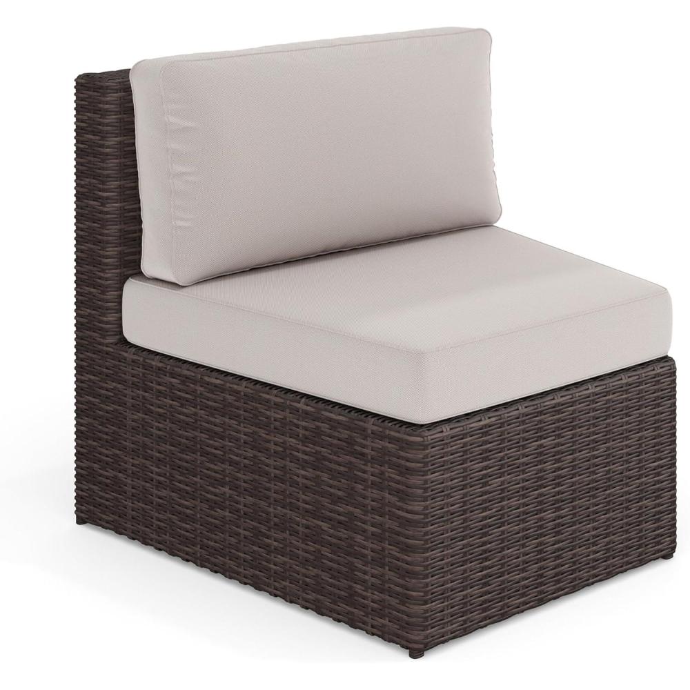 imageMartha Stewart Bedford IndoorOutdoor Modular Patio Curved Sectional Sofa Seats with Rattan Wicker Finish in Gray with Gray AllWeather Cushions Set of 2Tan CushionsBrown Frame