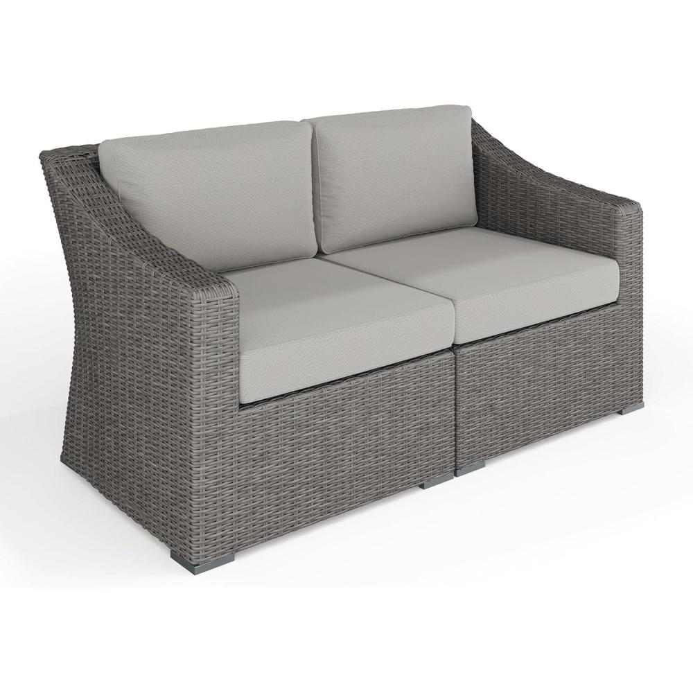 imageMartha Stewart Bedford IndoorOutdoor Modular Patio Loveseat with Rattan Wicker Finish in Brown with Tan AllWeather CushionsGray CushionsGray Frame