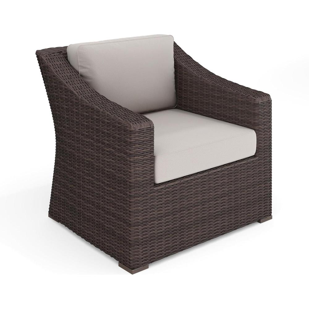 imageMartha Stewart Bedford IndoorOutdoor Patio Accent Chair with Rattan Wicker Finish in Brown with Tan AllWeather CushionsTan CushionsBrown Frame