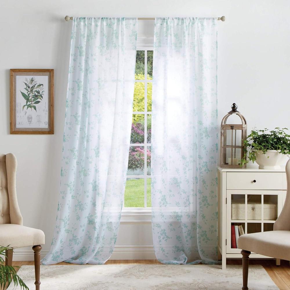 imageMartha Stewart Bellefield Floral Sheer Rod Pocket Window Curtain Panel Pair 84quot LinenAqua