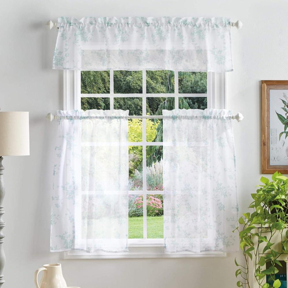 imageMartha Stewart Bellefield Floral Sheer Window Curtain Valance and Tiers Set LinenAqua