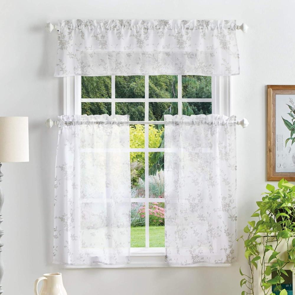imageMartha Stewart Bellefield Floral Sheer Window Curtain Valance and Tiers Set LinenLinen