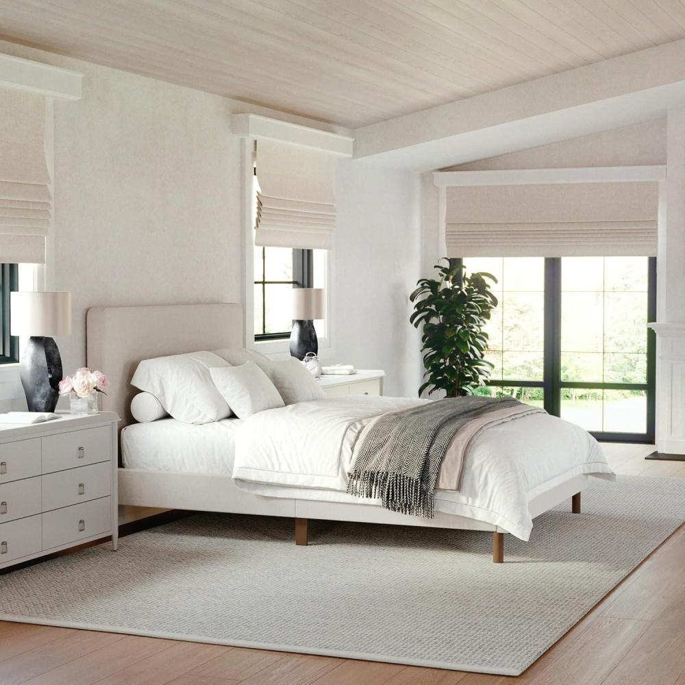 imageMartha Stewart Britta Platform Bed with Headboard ampamp Footboard Faux Linen Upholstery with Piping Detail Rounded Headboard No Box Spring Needed Queen BeigeBeige FabricWalnut Legs