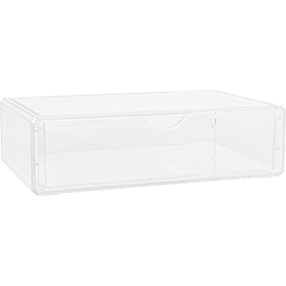 imageMartha Stewart Brody Desk Organizer with Drawer Stackable Plastic Desk Storage Box Organizer for Office Bathroom Countertop or Dorm 1275quot x 775quot Clear1275 x 775
