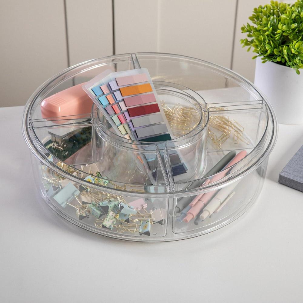 imageMartha Stewart Brody Divided Lazy Susan Organizer with 5 Removable Bins Plastic 360 Rotating Desk Storage Organizer 12 Inch Clear