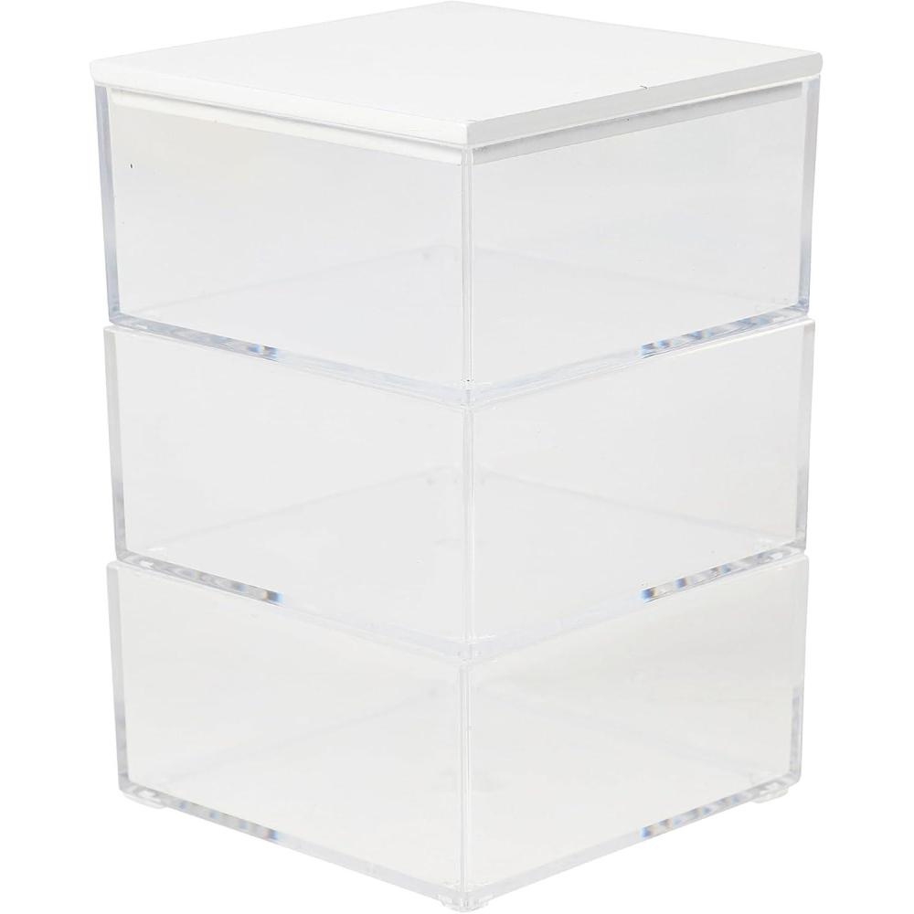 imageMartha Stewart Brody Plastic Storage Organizer Bins with Engineered Wood Lid for Home Office Kitchen or Bathroom 3 Pack Small 375quot x 3quot ClearWhite