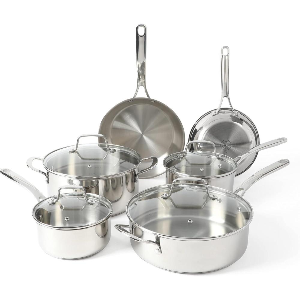 imageMartha Stewart Castelle 10 Piece 188 Durable Stainless Steel Induction Safe Pots and Pans NonToxic Kitchen Cookware Set Gold Handles Dishwasher SafeStainless Steel