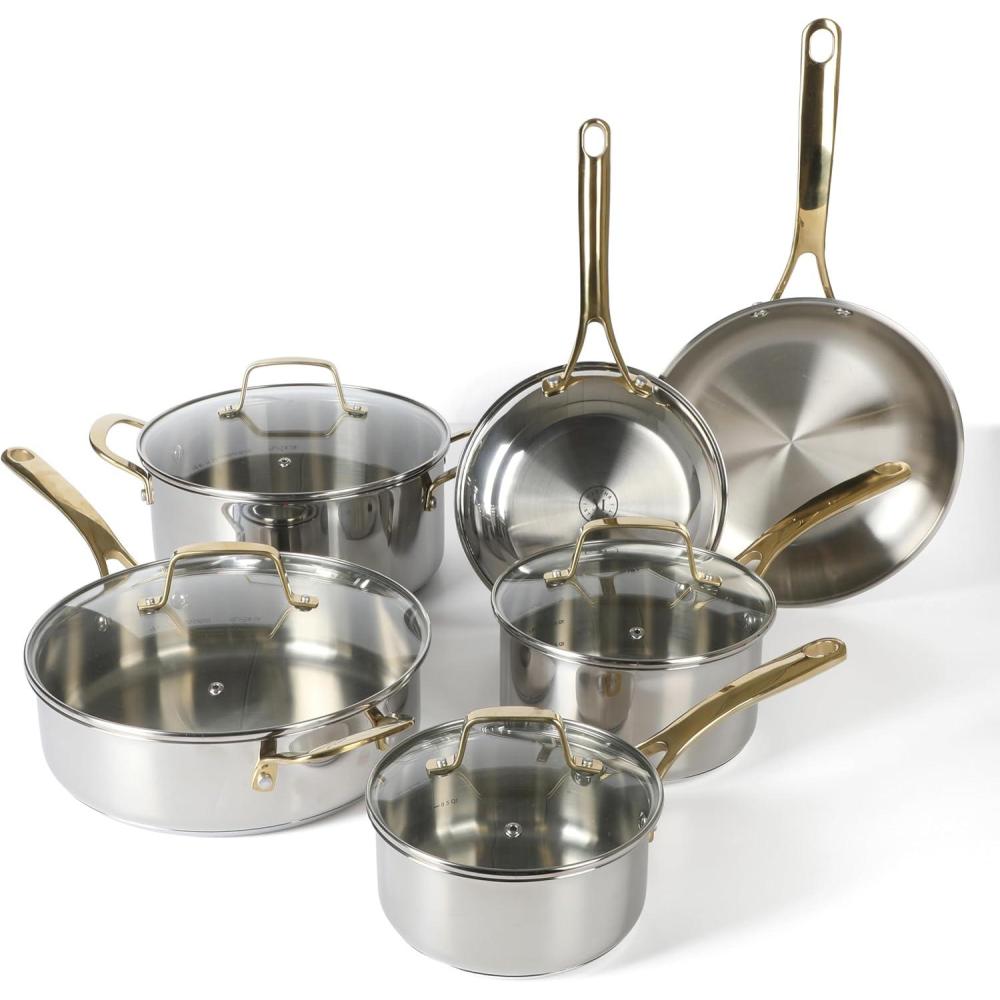 imageMartha Stewart Castelle 10 Piece 188 Durable Stainless Steel Induction Safe Pots and Pans NonToxic Kitchen Cookware Set Gold Handles Dishwasher SafeStainless Steel W Gold Handle