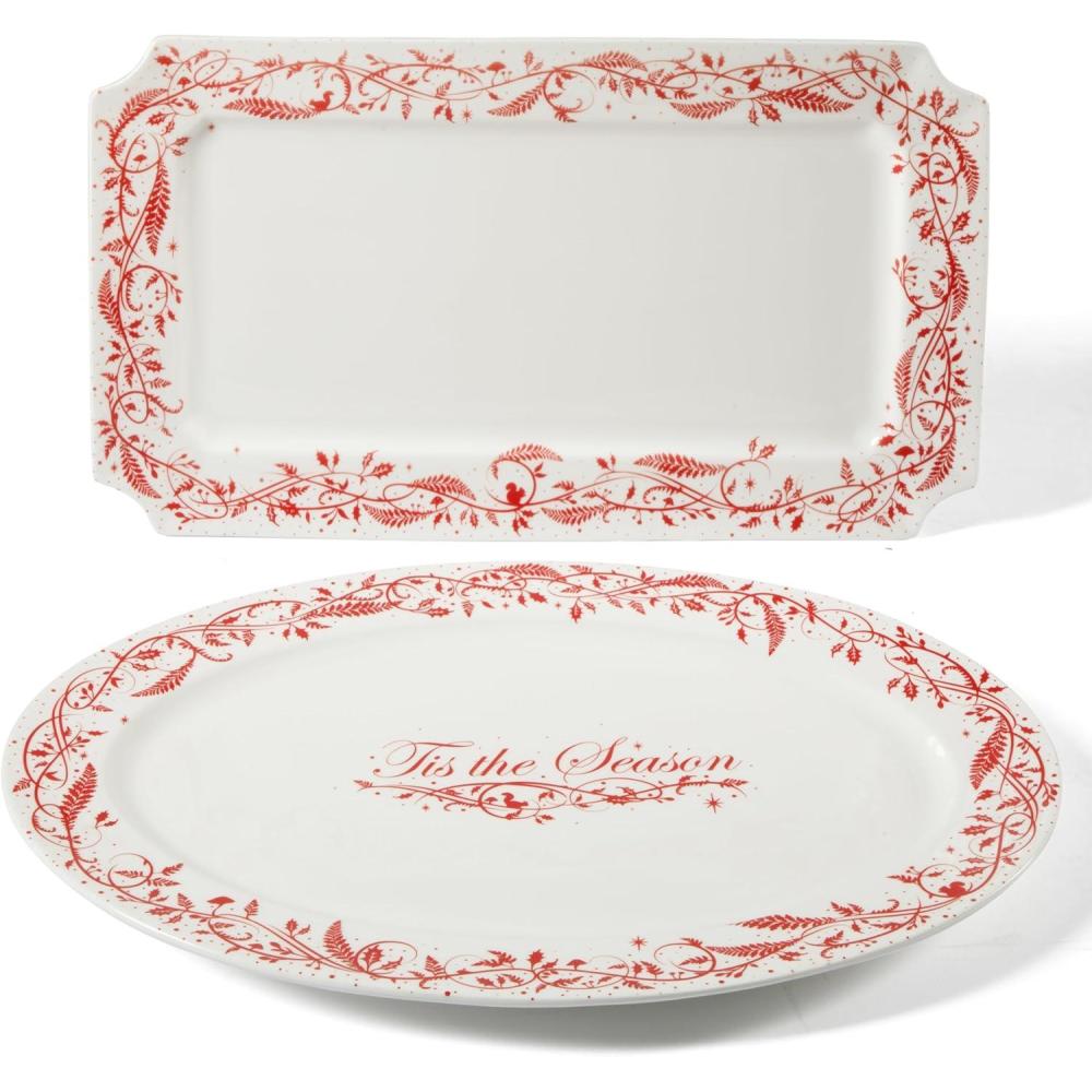imageMartha Stewart Christmas Plates 12 Piece Decorated Red and White Stoneware Dinnerware SetChristmas Vines Serveware