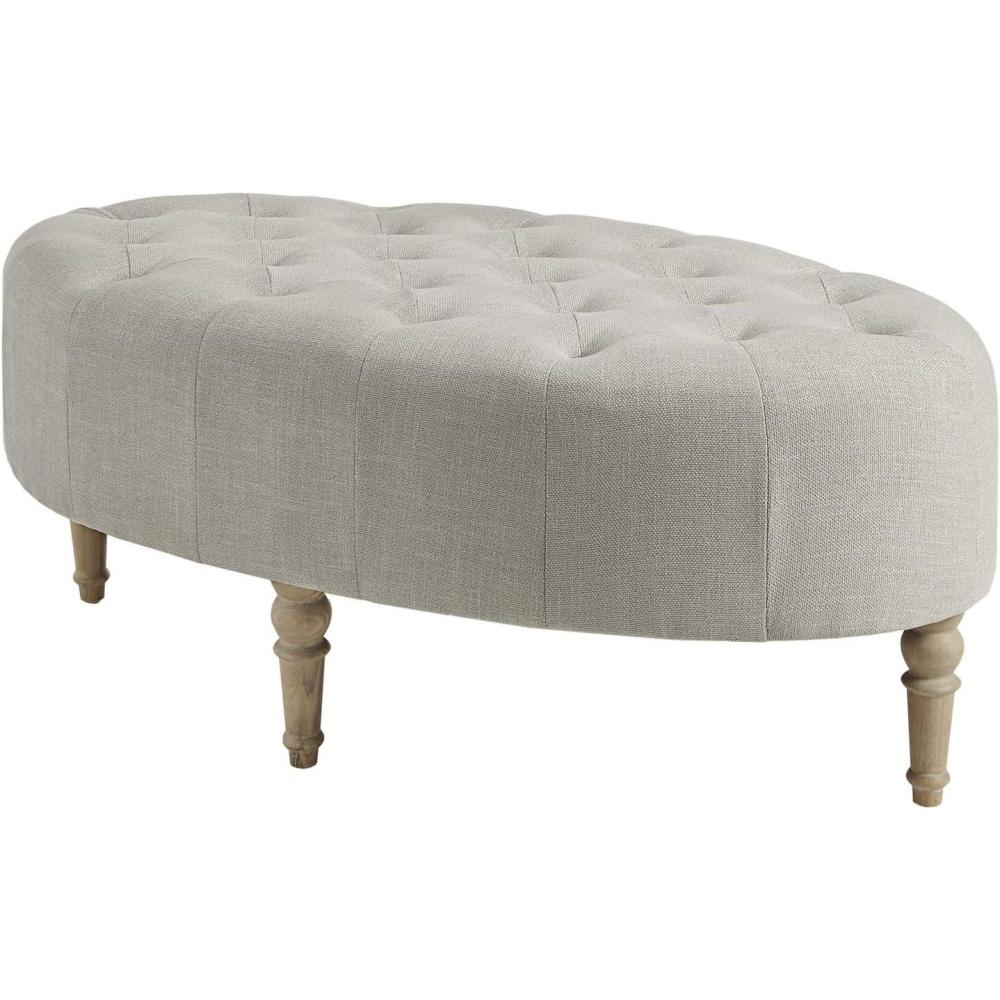 imageMartha Stewart Clara Coffee Table Solid Wood Frame Soft Fabric Button Tufted Oval Large Accent Ottoman Modern Foam Padded Top Footstool Cocktail Living Room Furniture Linen