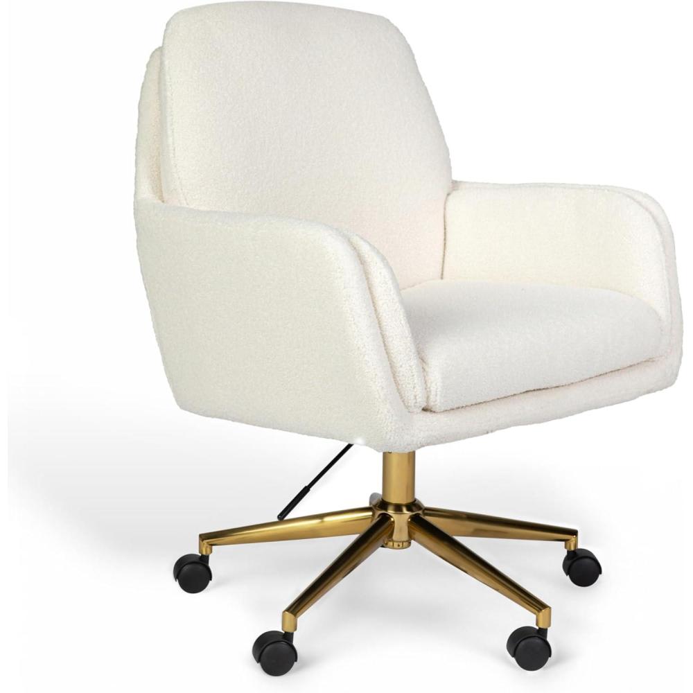 imageMartha Stewart Clara Swivel Task Chair with Double Cushions for Home Office in Off White Boucle with Polished Brass FrameOff White BouclePolished Brass Frame