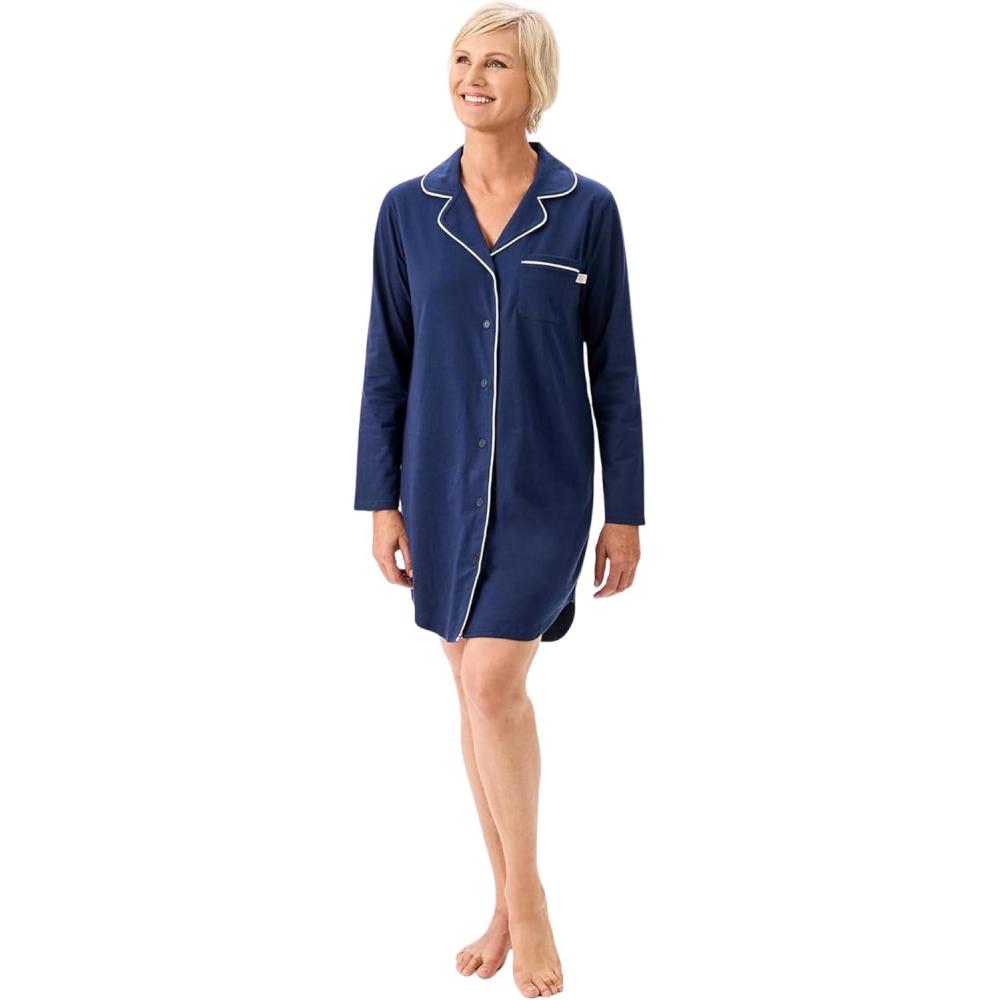 imageMartha Stewart Classic Long Sleeve Nightshirt for Women  Cotton Notch Collar Striped Sleepwear  Timeless and ElegantMedieval Blue
