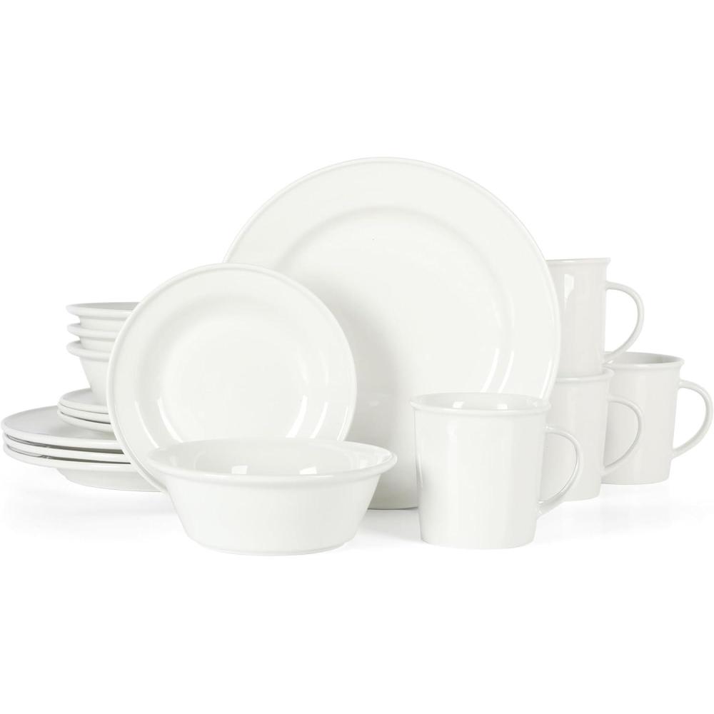 imageMartha Stewart Cliffield 16Piece Porcelain Chip and Scratch Resistant Dinnerware Set White wBlack RimWhite