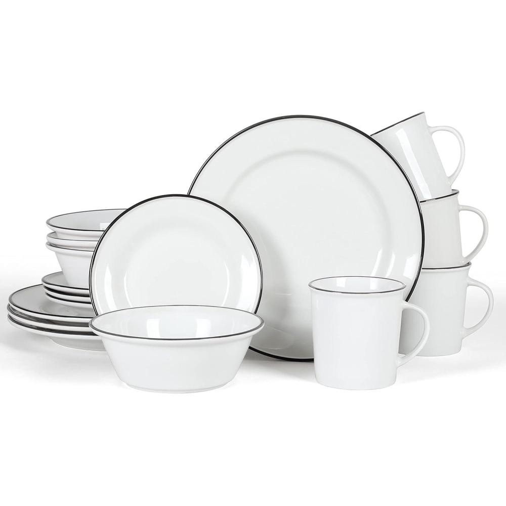 imageMartha Stewart Cliffield 16Piece Porcelain Chip and Scratch Resistant Dinnerware Set White wBlack RimWhite w Black Rim