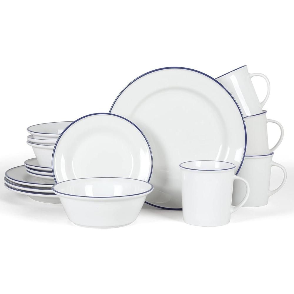 imageMartha Stewart Cliffield 16Piece Porcelain Chip and Scratch Resistant Dinnerware Set White wBlack RimWhite w Blue Rim