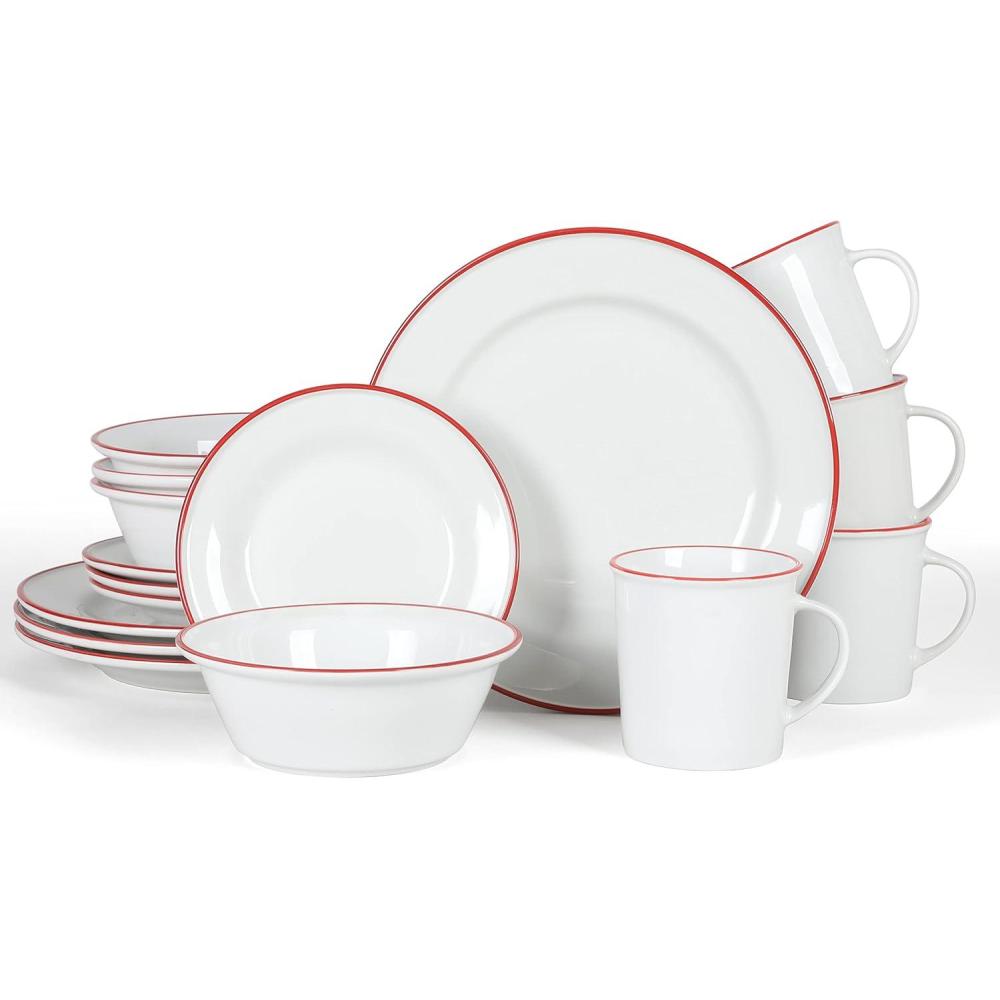 imageMartha Stewart Cliffield 16Piece Porcelain Chip and Scratch Resistant Dinnerware Set White wBlack RimWhite w Red Rim