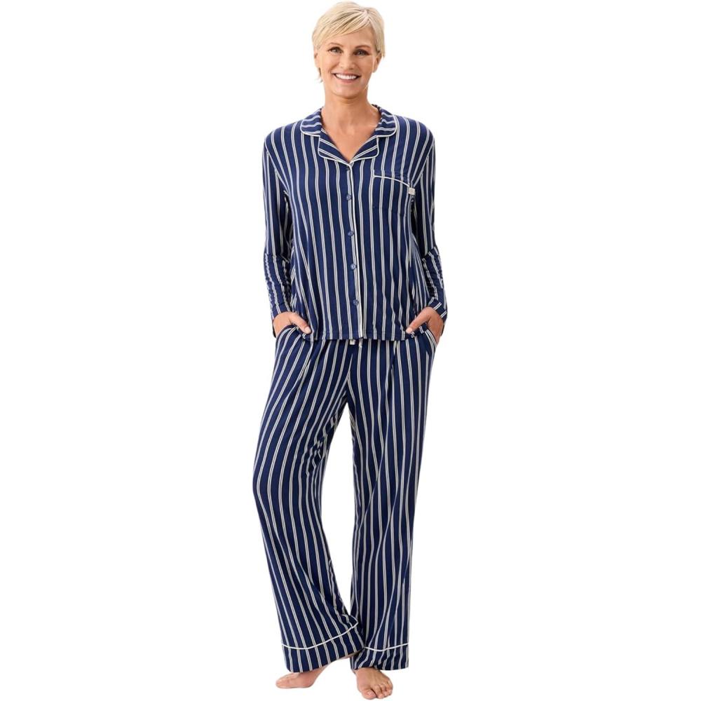 imageMartha Stewart Cooling Rayon Pajama Set for Women Long Sleeve ButtonDown Style for Cool Comfortable CoverageMedieval Blue