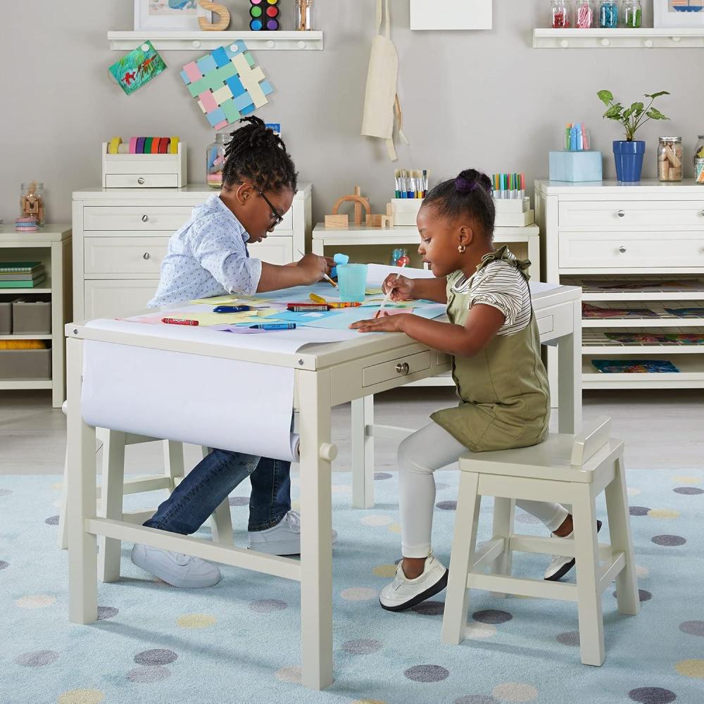 imageMartha Stewart Crafting Kids Art Table with Paper Roll  Linen White Kids Craft Desk and Art Organizer for Kids  Wooden Toddler Activity Table  Playroom Arts and Craft StorageLinen White