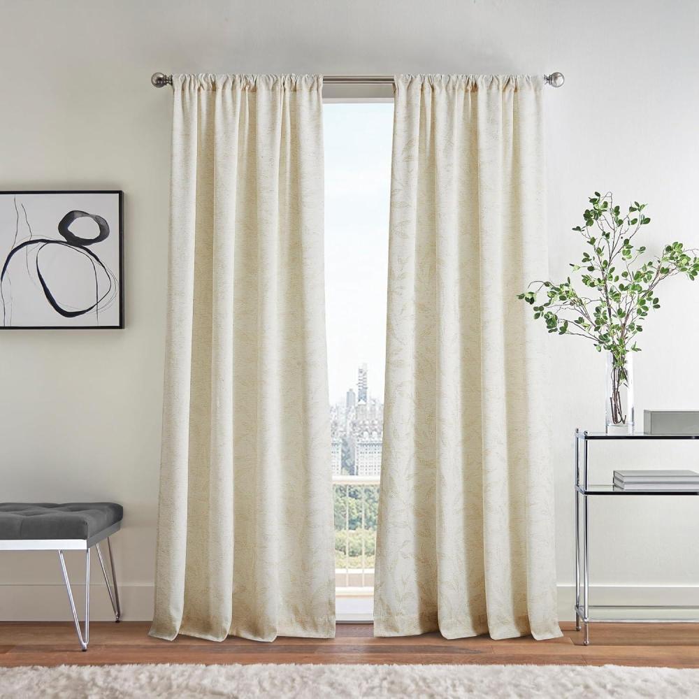 imageMartha Stewart Cream Beige Light Filtering Window Curtains for Living Room Metallic Leaf Design 50quot x 84quot Set of 2 Gold LinenMulti Color