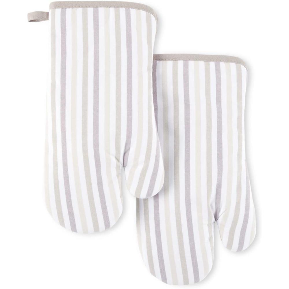 imageMartha Stewart Daisy Stripe Oven Mitt Set 2Pack BeigeBrown 7quotx13quotLinen