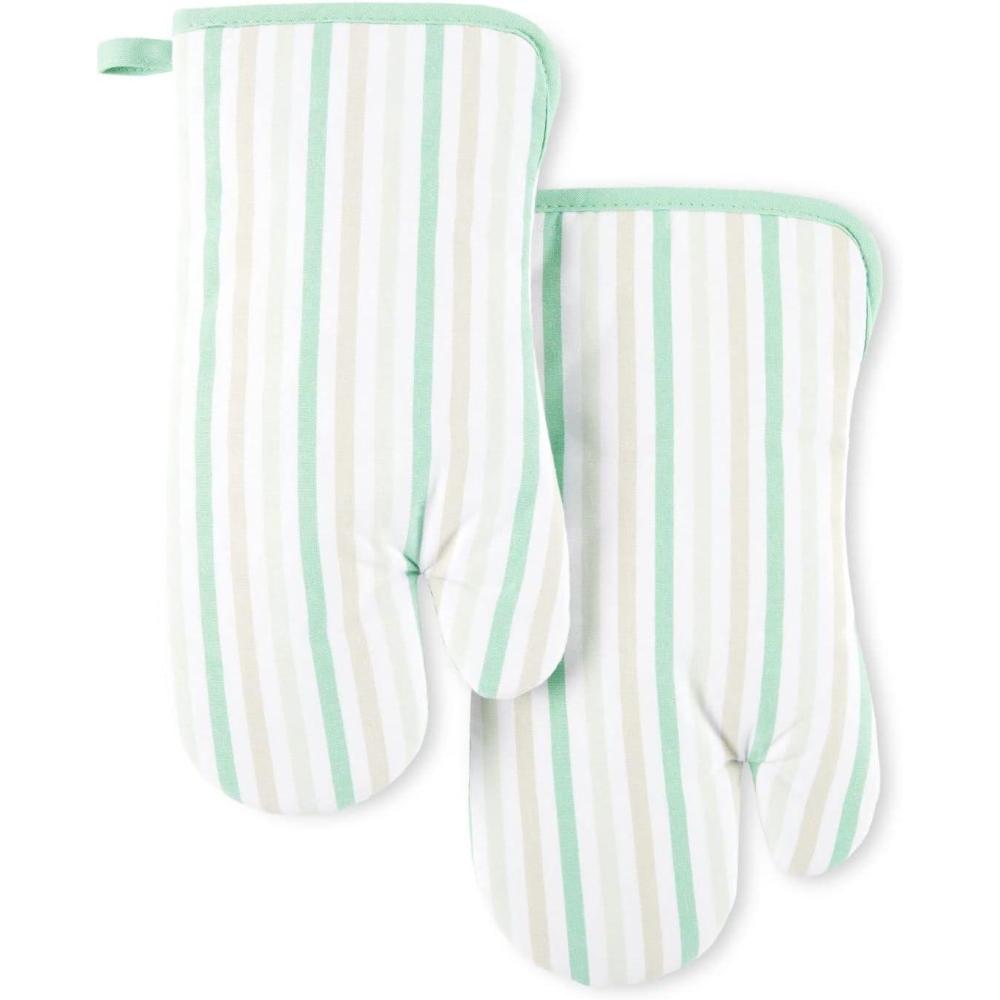 imageMartha Stewart Daisy Stripe Oven Mitt Set 2Pack BeigeBrown 7quotx13quotMint