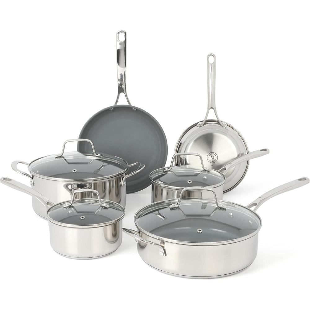 imageMartha Stewart Delaroux 10 Piece Stainless Steel Pots and Pans Kitchen Cookware Set wPFAs Free Premium Nonstick Ceramic Interior