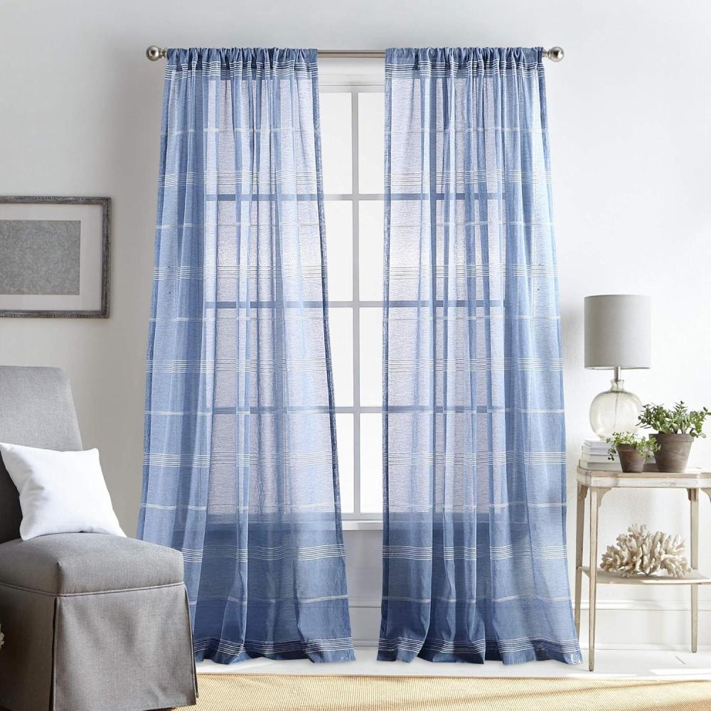 imageMartha Stewart Delicate Stripe Sheer Rod Pocket Window Curtain Panel Pair for Living Room 84quot WhiteIndigo