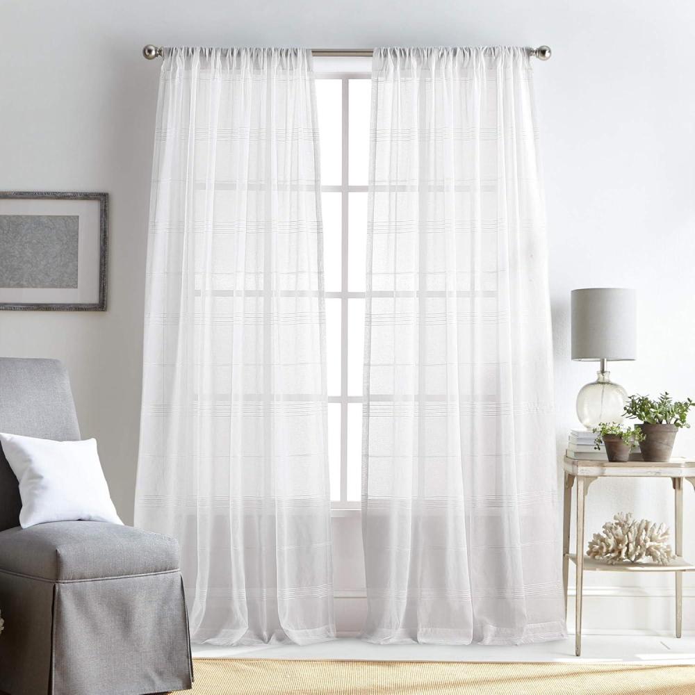 imageMartha Stewart Delicate Stripe Sheer Rod Pocket Window Curtain Panel Pair for Living Room 84quot WhiteWhite