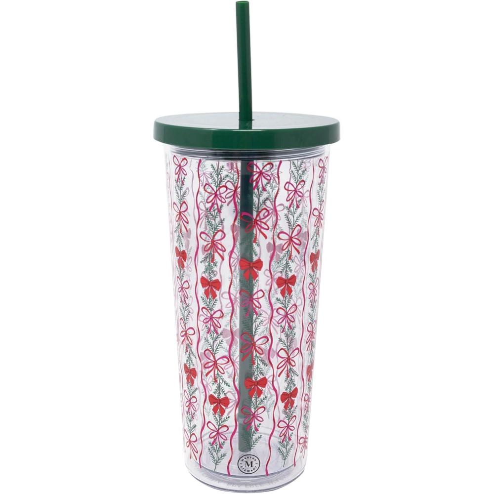 imageMartha Stewart Double Wall Tumbler with Lid and Reusable Straw Floral Plastic Cup Insulated Travel Cup Holds 24 Ounces Holiday Bow Stripe