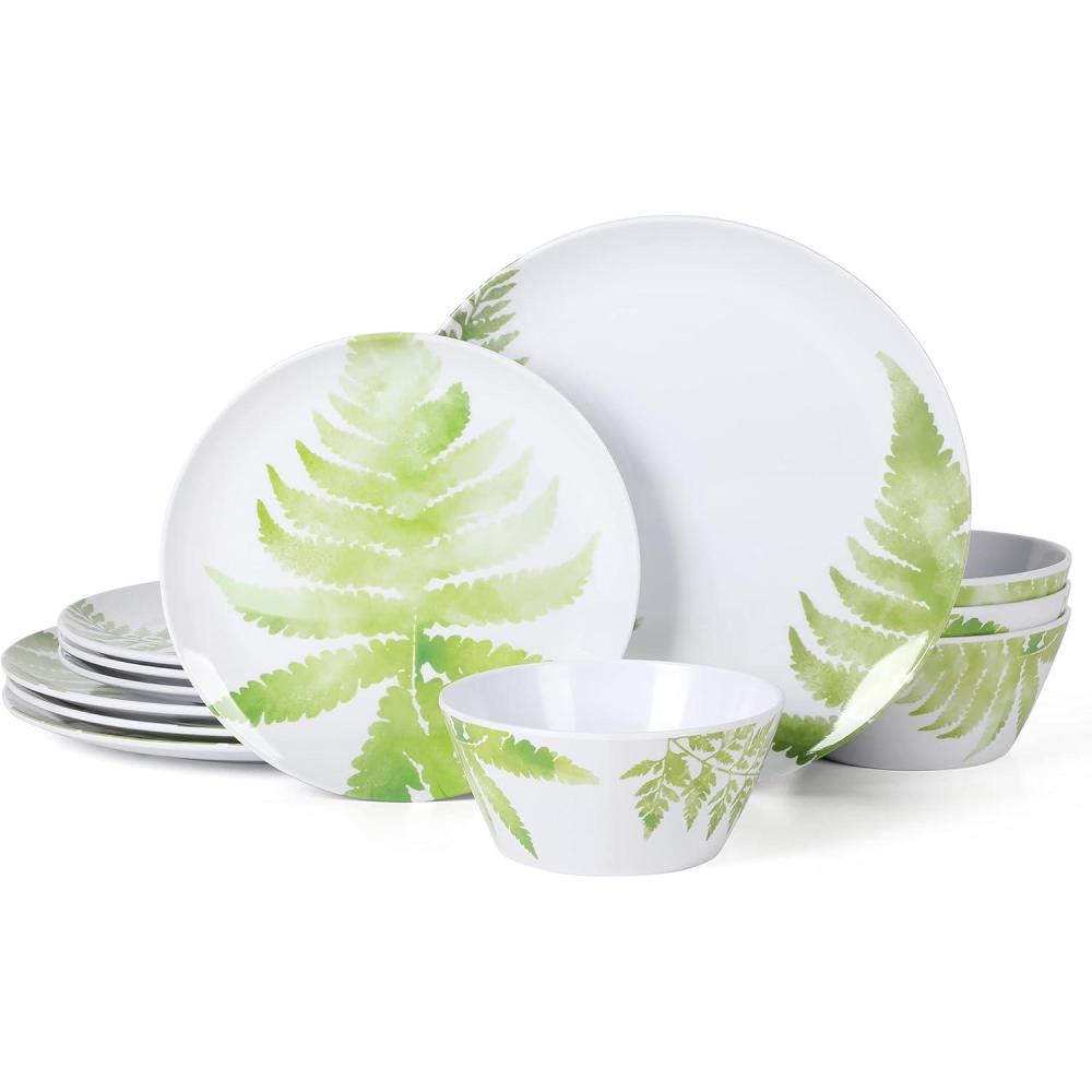 imageMartha Stewart Dragonfly 12 Piece Decorated Melamine Dinnerware Set  WhiteFernview