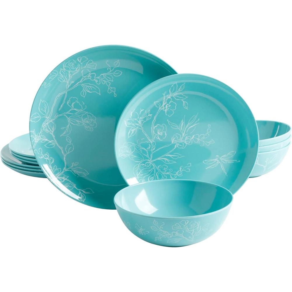 imageMartha Stewart Dragonfly 12 Piece Decorated Melamine Dinnerware Set  WhiteTeal