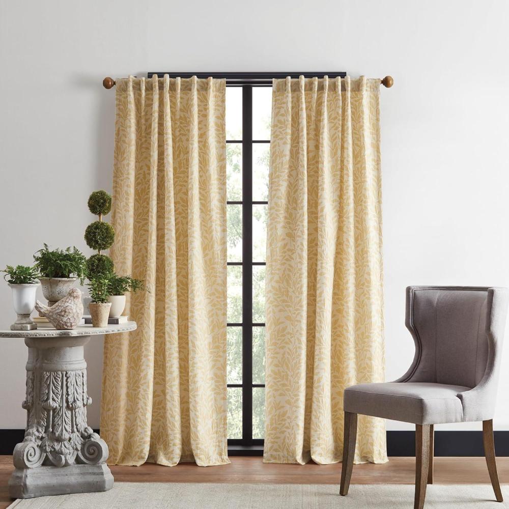 imageMartha Stewart Elegant Curtains Light Filtering Vineyard Leaf Print Rod PocketBack Tab Window Curtain Panel Pair 95quot GoldGold