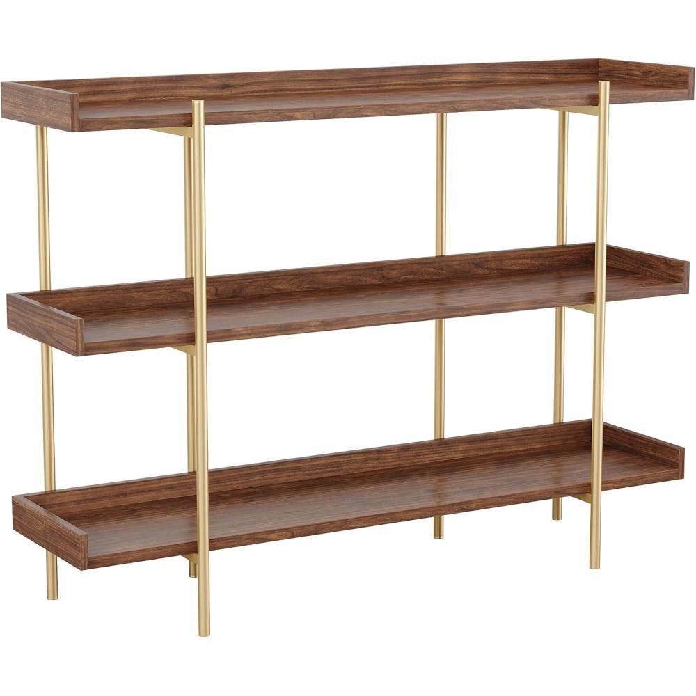 imageMartha Stewart Emmett 3 Shelf Bookcase with Vertical Metal Frame Home Office Storage Display Unit 35quot H Walnut Wood GrainPolished BrassWalnut Wood GrainPolished Brass Frame