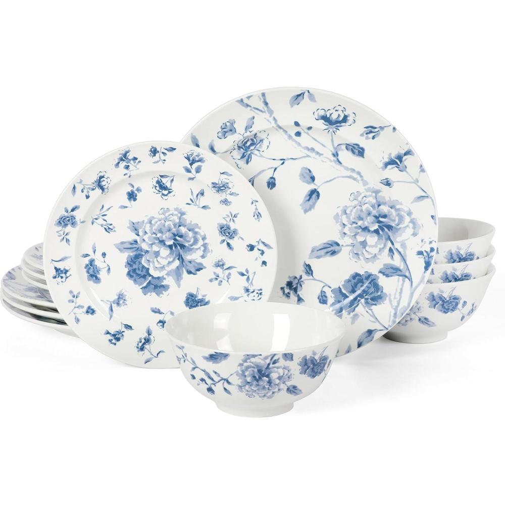 imageMartha Stewart Empress Bouquet 12Piece Decorated Porcelain Chip and Scratch Resistant Dinnerware Plates and Bowls Set  Blue FloralBlue Floral