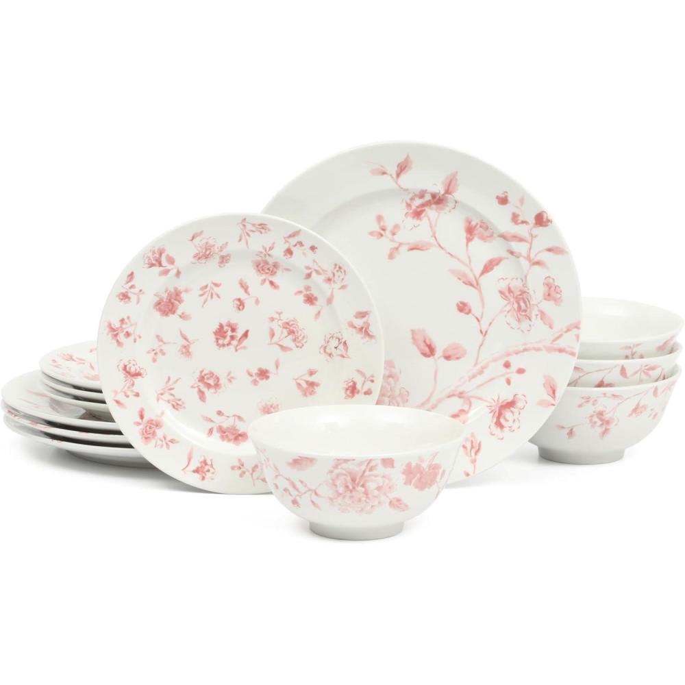 imageMartha Stewart Empress Bouquet 12Piece Decorated Porcelain Chip and Scratch Resistant Dinnerware Plates and Bowls Set Blue FloralPink Floral