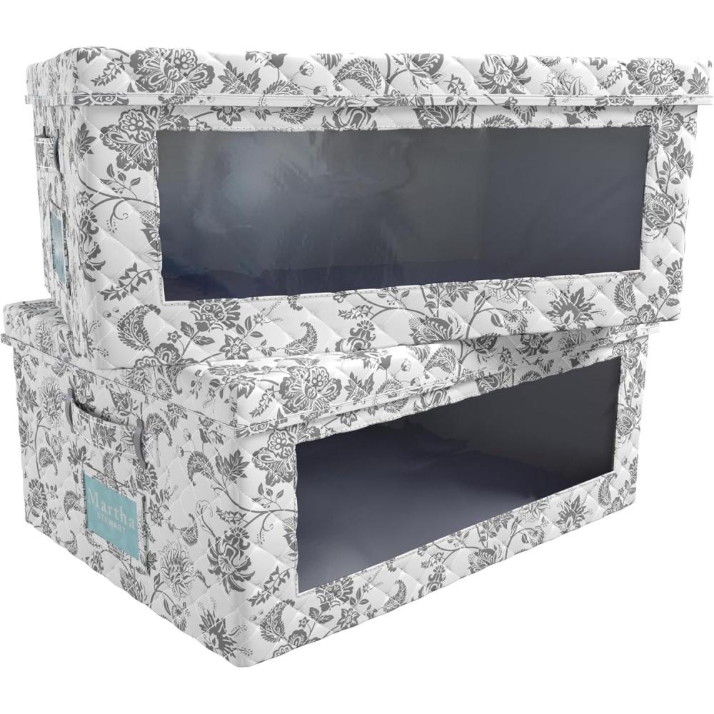 imageMartha Stewart Essential Collapsible Stackable Decorative Home Storage Organization With Lidded Tops Set of 2 Nesting Boxes with Lids GreyBedford Floral