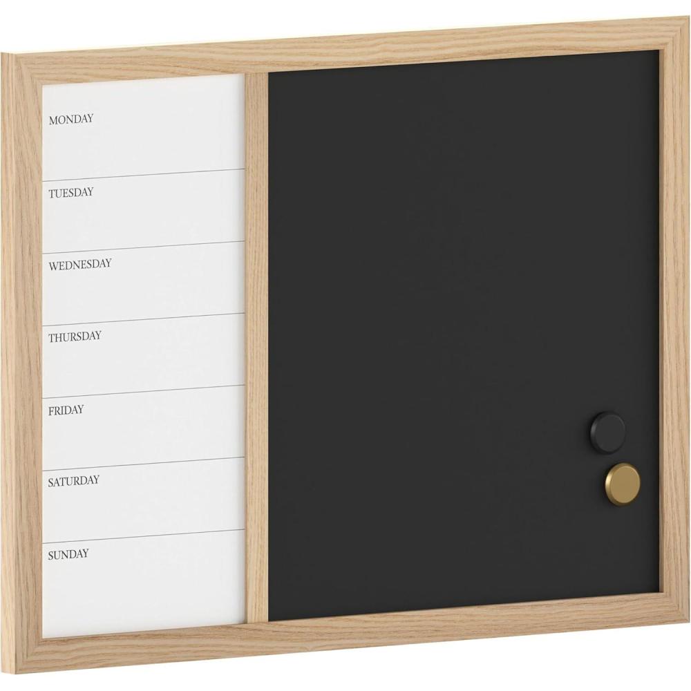 imageMartha Stewart Everette Magnetic Weekly Calendar Dry Erase Board and Chalk Board with Liquid Chalk Marker and Magnets 24quotx18quot Black Woodgrain FrameLight Natural Woodgrain