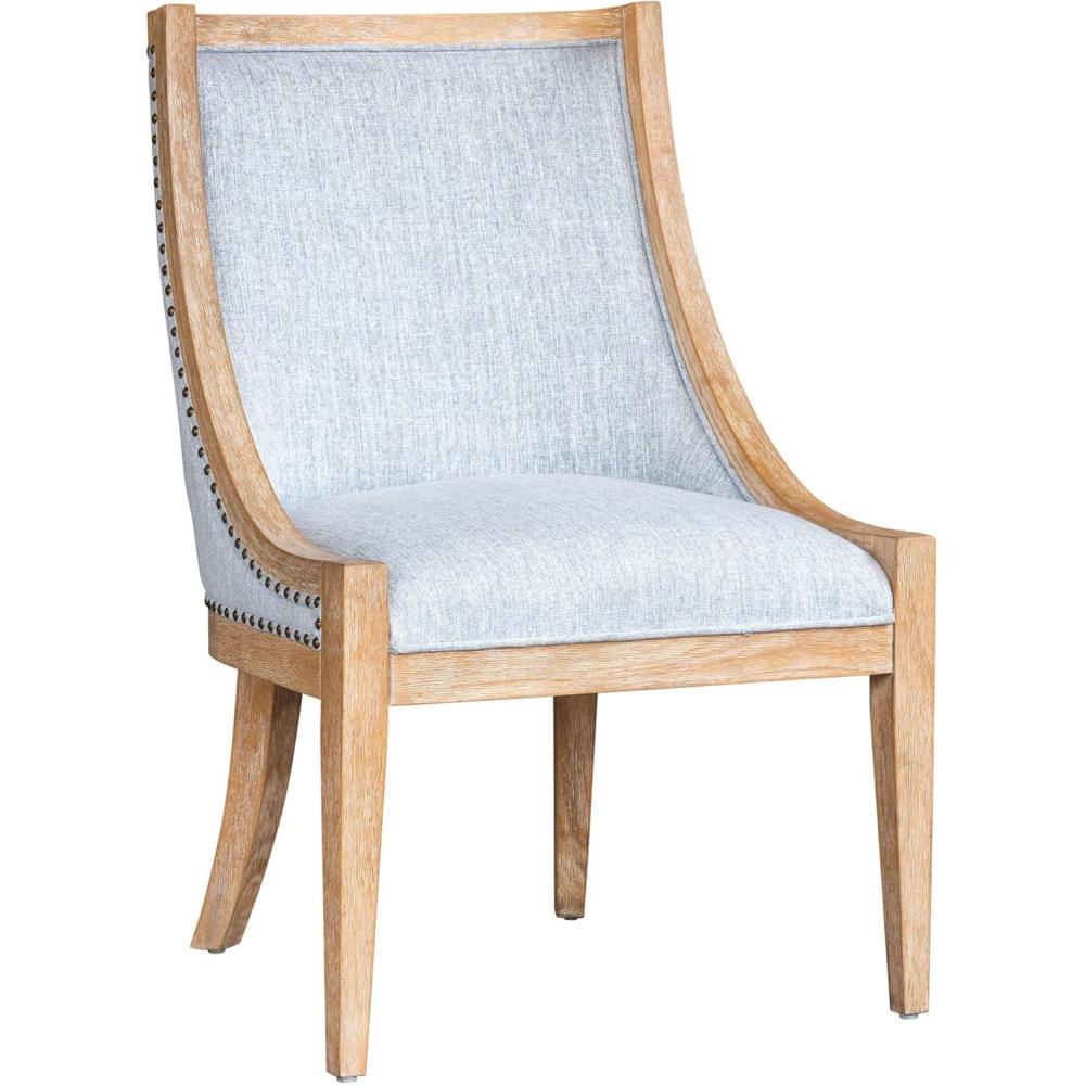 imageMartha Stewart Farmhouse Dining Room Chair Recessed Arm Chair for Bedrooms Nailhead Trim Solid Wood Legs Upholstered Reading Accent Chairs for Living Room Kitchen Dcor Elmherst Linen ColorLight Blue