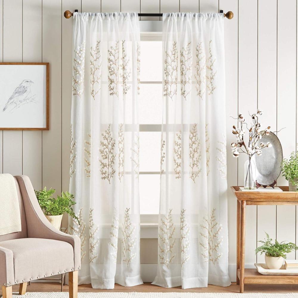 imageMartha Stewart Georgia Embroidery Sheer Rod Pocket Window Curtain Panel Pair 84 IvoryIvory