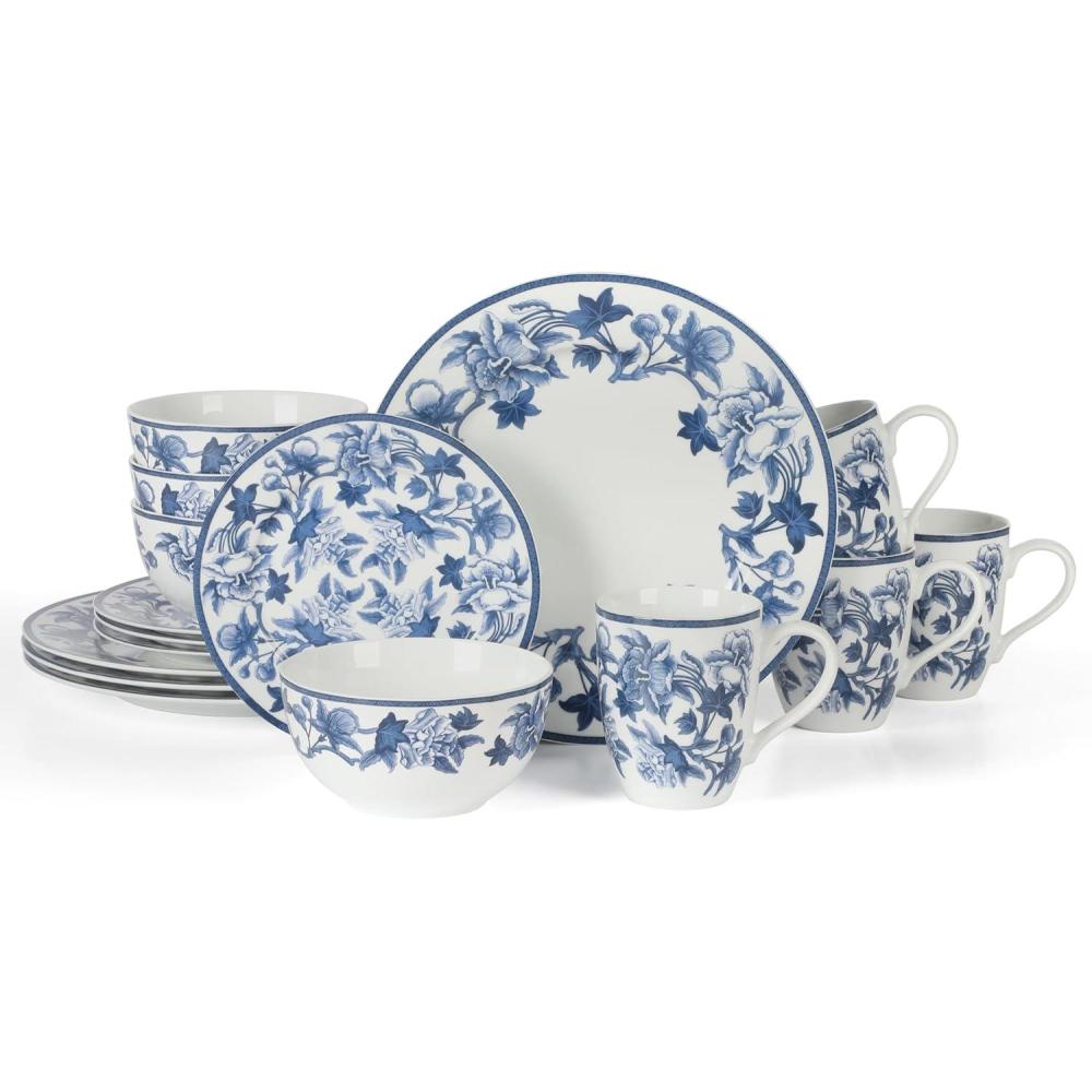 imageMartha Stewart Goodale 16Piece Vintage Blue Stoneware Dinnerware Set  Durable ChipResistant Plates and Bowls Elegant Rustic Kitchen Tableware for 4
