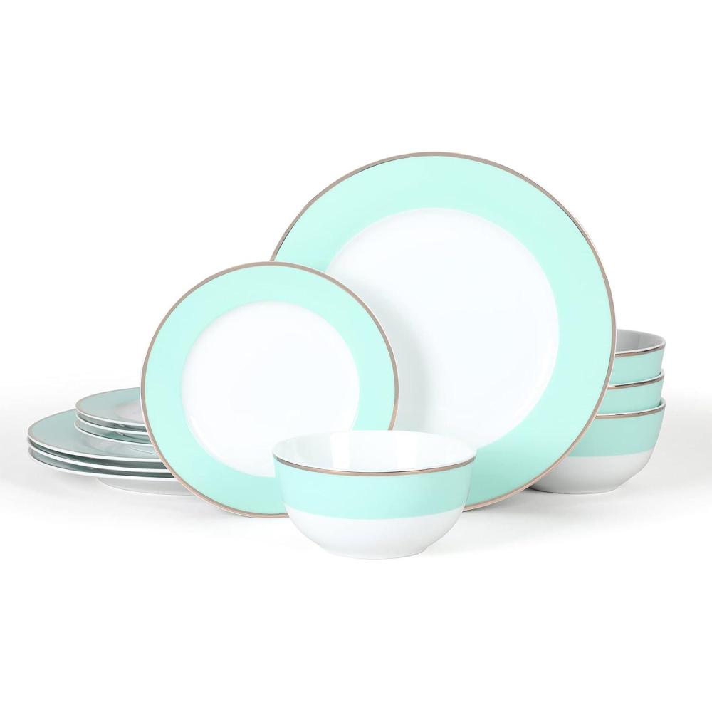 imageMartha Stewart Gracie Lane 12Piece Porcelain Decorated Chip and Scratch Resistant Dinnerware Set Martha Blue wGold RimMartha Blue w Gold Rim