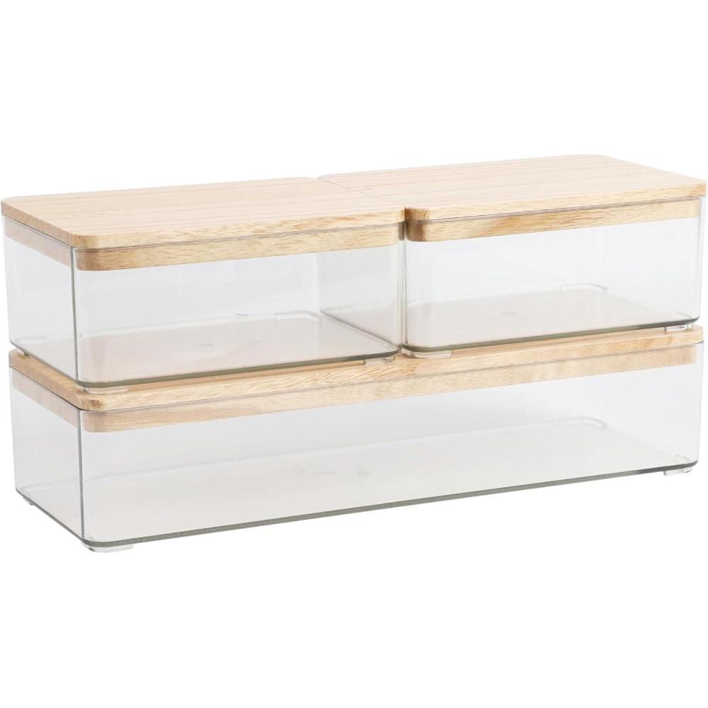 imageMartha Stewart Grady Clear Plastic Stackable Storage Boxes with White Plastic Lids Set of 3ClearLight Natural Paulownia Top