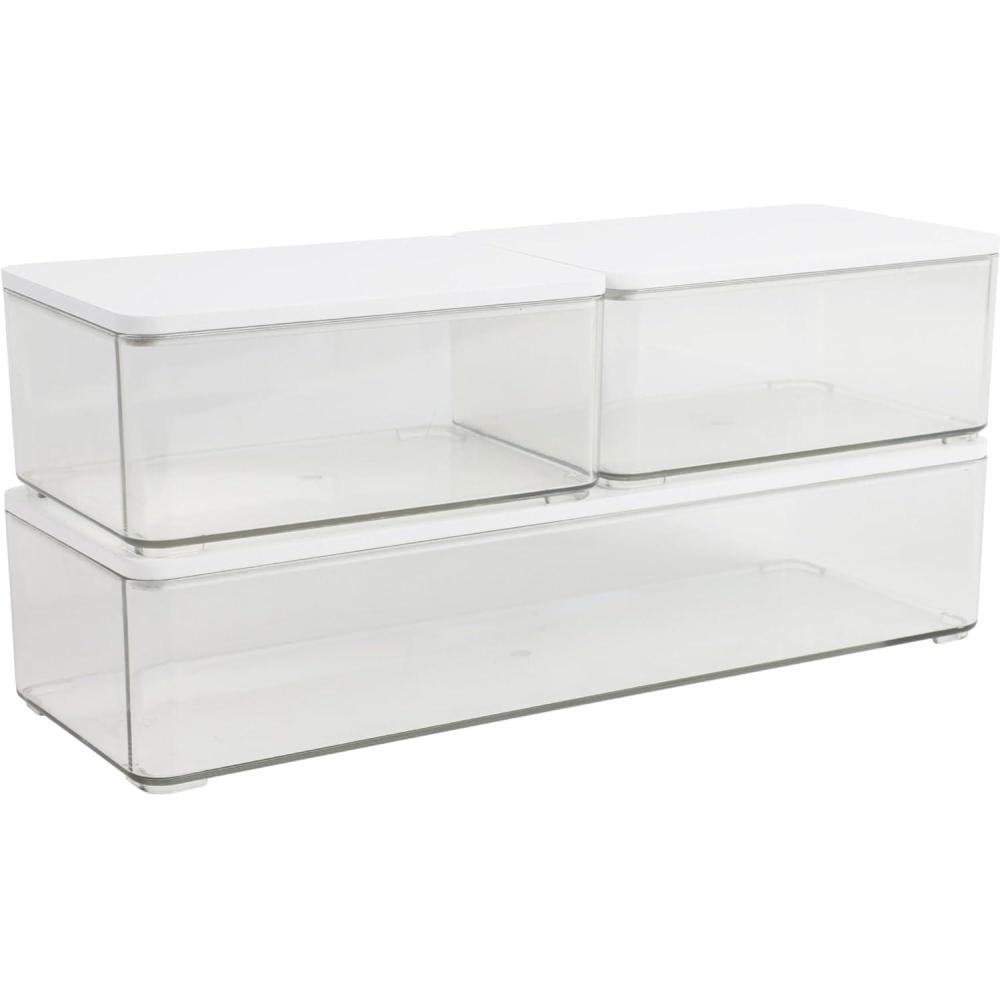 imageMartha Stewart Grady Clear Plastic Stackable Storage Boxes with White Plastic Lids Set of 3ClearWhite Engineered Top